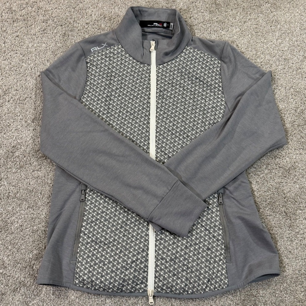 RLX Ralph Lauren Full Zip Jacket Womens M Gray Quilted Wool Blend Golf Geometric